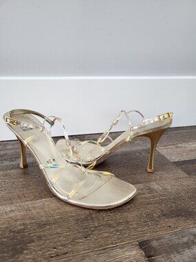 Stuart Weitzman Strappy Heels 8.5 | Gold Slingback Sandals Iridescent Straps Min